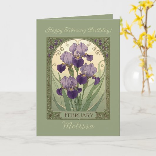 Iris Birthday Flowers February Art Nouveau Style カード (黄色い花)