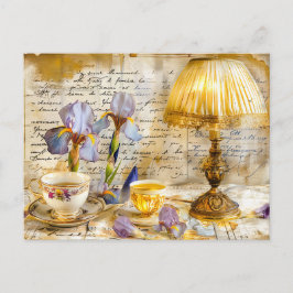 Iris Blooms with Teacup and Vintage Lamp shabby  ポストカード