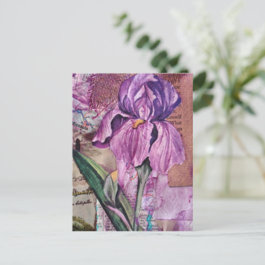 Iris Flower mixed media collage Postcard ポストカード (スタンド正面)