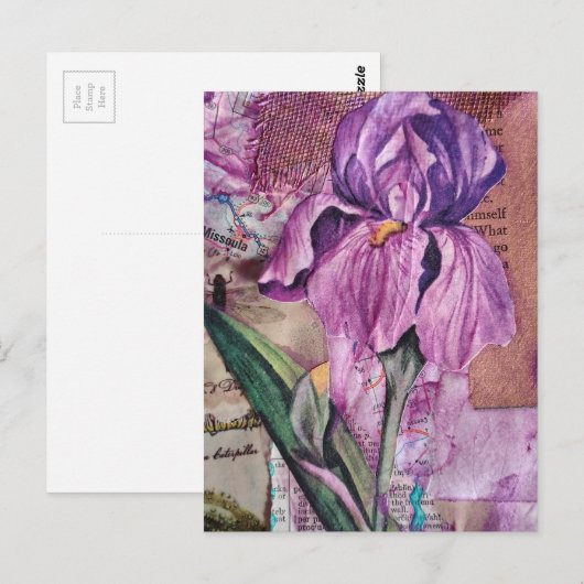Iris Flower mixed media collage Postcard ポストカード (正面/裏面)
