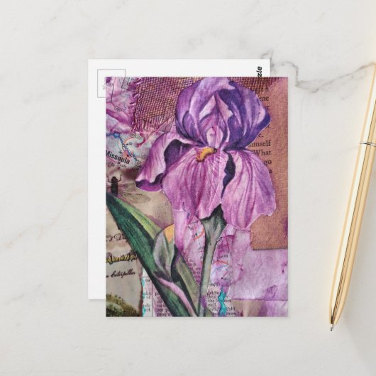 Iris Flower mixed media collage Postcard ポストカード (正面/裏面インサイチュ)