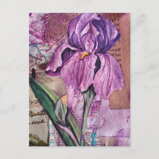 Iris Flower mixed media collage Postcard ポストカード (正面)