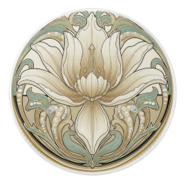 Iris Lily Sage Green Cream Gold Art Deco Nouveau セラミックノブ