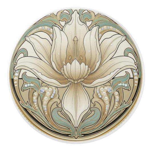 Iris Lily Sage Green Cream Gold Art Deco Nouveau セラミックノブ (正面)