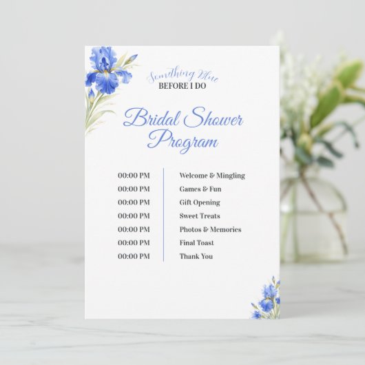 Iris Something Blue Bridal Shower Program Timeline 招待状 (スタンド正面)