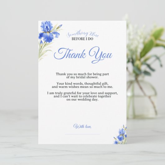 Iris Something Blue Bridal Shower Thank You Card 招待状 (スタンド正面)