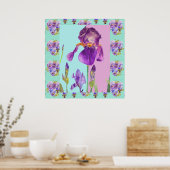 Iris Watercolor Flower Painting Aqua Green Poster ポスター (キッチン)