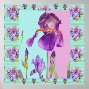 Iris Watercolor Flower Painting Aqua Green Poster ポスター
