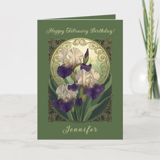 Irises February Birthday Flowers Art Nouveau Style カード (正面)