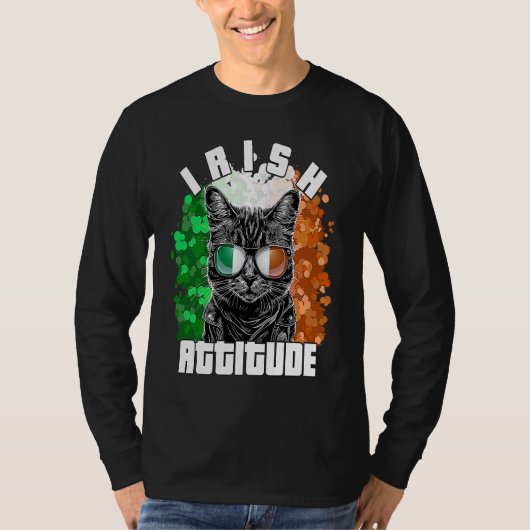 Irish Attitude  Cat Sunglasses Ireland Flag Tシャツ (正面)