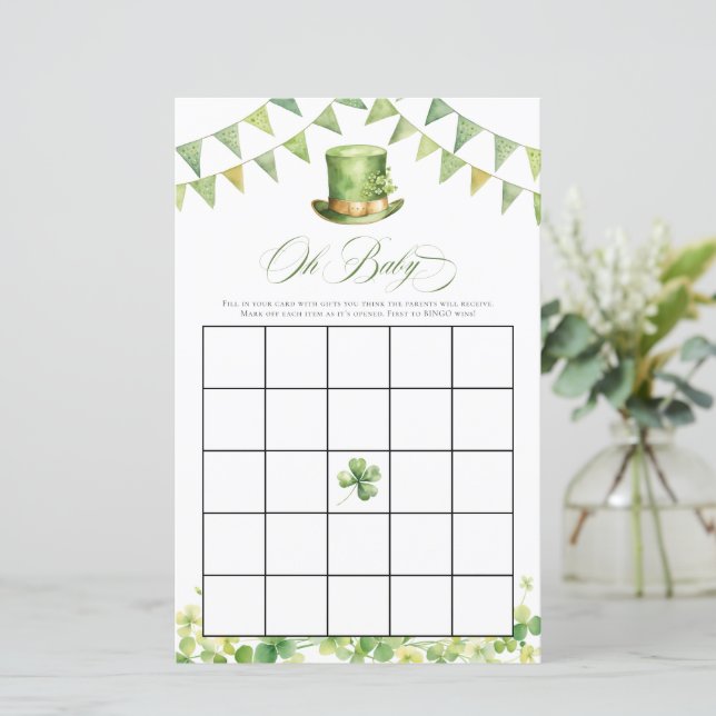 Irish Baby Shower Bingo Green Shamrock Card (スタンド正面)