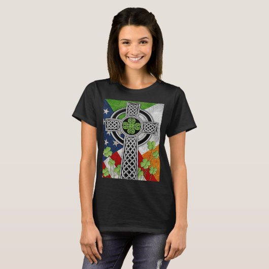 Irish Celtic Knot Cross American Flag USA Tシャツ (正面フル)