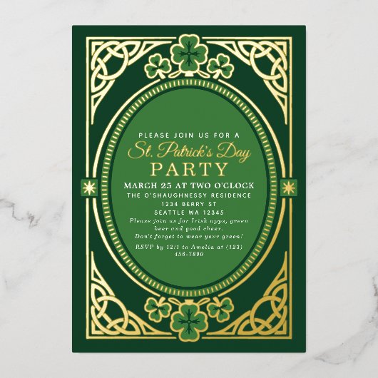 Irish Celtic St. Patrick's Day Party 箔招待状 (正面)