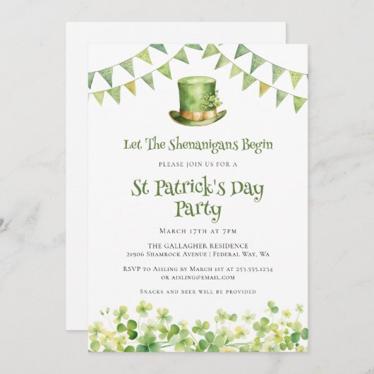 Irish Clover Leprechaun Hat Lucky Shenanigans 招待状 (正面/裏面)