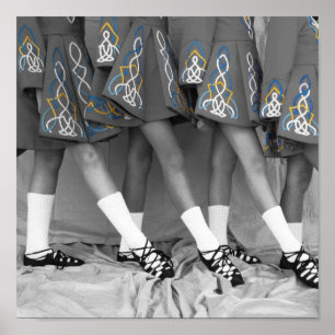 Irish Dancers Black and White Color Embroidery ポスター