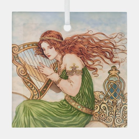 Irish Goddess Playing Harp – Celtic Art Nouveau  ガラスオーナメント (正面)