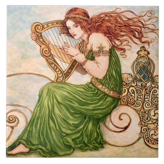 Irish Goddess Playing Harp – Celtic Art Nouveau  タイル (正面)