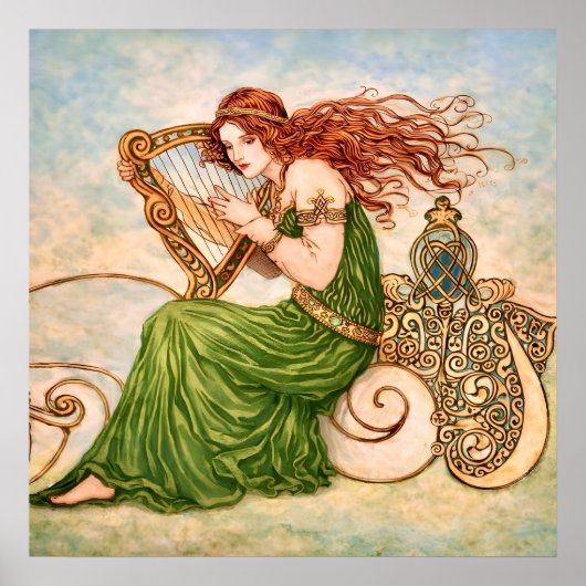 Irish Goddess Playing Harp – Celtic Art Nouveau  ポスター (正面)