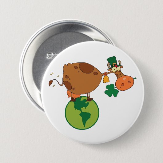 Irish Leprechaun Cow Standing on Planet Earth 缶バッジ (正面&裏面)