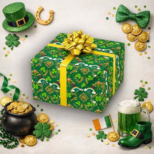 Irish Leprechaun Rainbow Green Celtic Pattern ラッピングペーパー