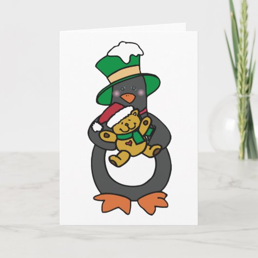Irish Penguin Holding Christmas Teddy Bear カード (正面)