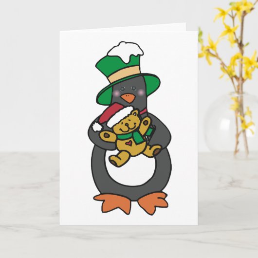 Irish Penguin Holding Christmas Teddy Bear カード (黄色い花)