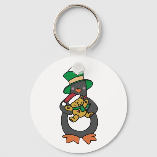 Irish Penguin Holding Christmas Teddy Bear キーホルダー (正面)