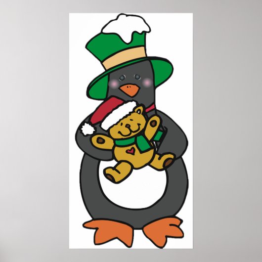Irish Penguin Holding Christmas Teddy Bear ポスター (正面)