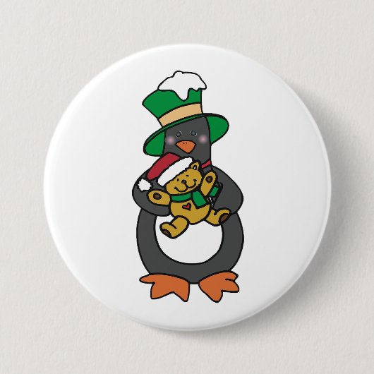 Irish Penguin Holding Christmas Teddy Bear 缶バッジ (正面)