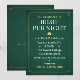 Irish Pub Night Gold & Green Vintage St Patrick 招待状