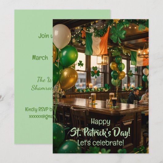 Irish pub ready for St. Patrick's Day party, green 招待状 (正面/裏面)