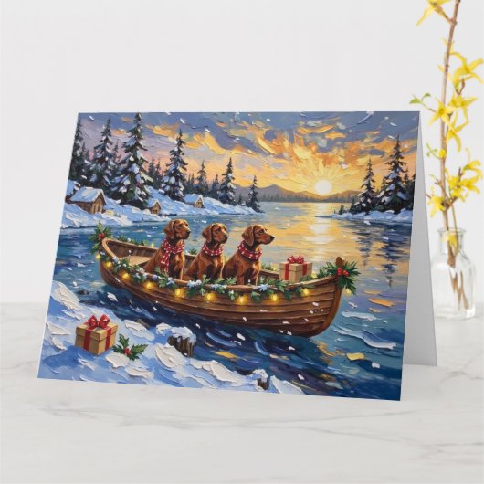 Irish Red Setter Christmas Boat Holiday カード (黄色い花)