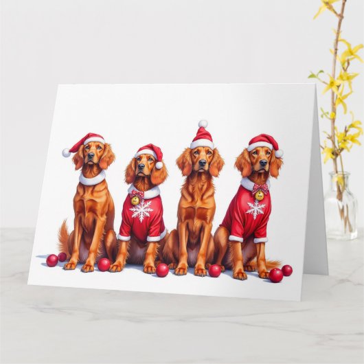 Irish Red Setter Christmas Dress Santa Hat カード (黄色い花)