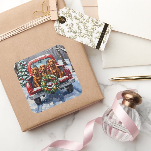 Irish Red Setter Christmas Red Truck Holiday スクエアシール (ギフト)