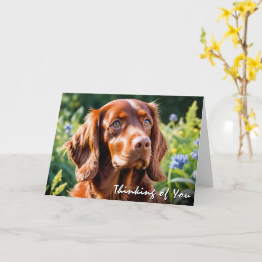 Irish Red Setter Dog Lover Thinking of You カード (黄色い花)