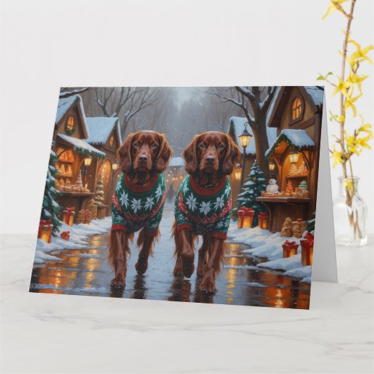 Irish Red Setter Dogs Christmas Snow Holiday カード (黄色い花)