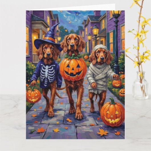 Irish Red Setter Trick-or-Treating Halloween カード (黄色い花)