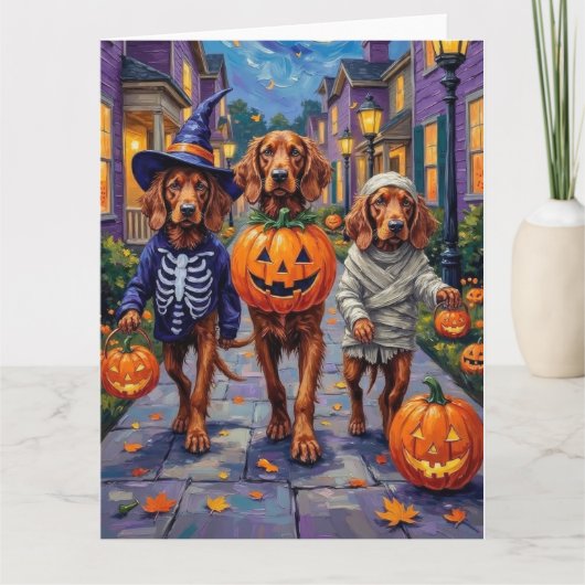 Irish Red Setter Trick-or-Treating Halloween カード (正面)