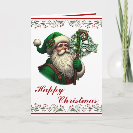 Irish Santa with Celtic Cross Personalized Xmas カード (正面)