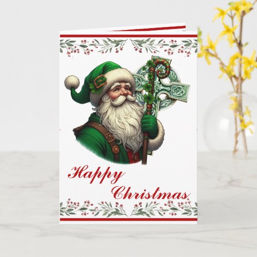 Irish Santa with Celtic Cross Personalized Xmas カード (黄色い花)