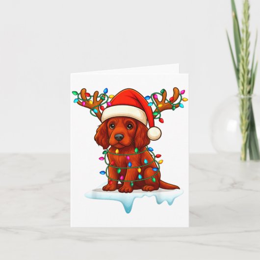 Irish Setter Christmas Santa Hat Reindeer Lights P カード (正面)