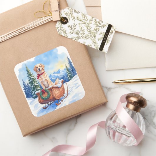 Irish Setter Enjoying Christmas Sleigh Ride Winter スクエアシール (ギフト)