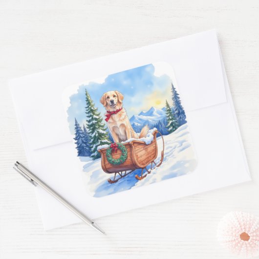 Irish Setter Enjoying Christmas Sleigh Ride Winter スクエアシール (封筒)