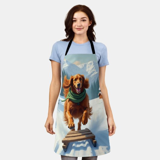 Irish Setter Sledding Adventure Christmas Painting エプロン (着用した状態)