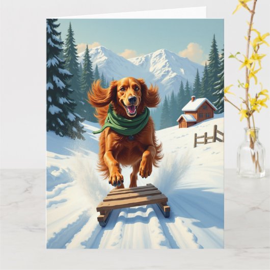 Irish Setter Sledding Adventure Christmas Painting カード (黄色い花)