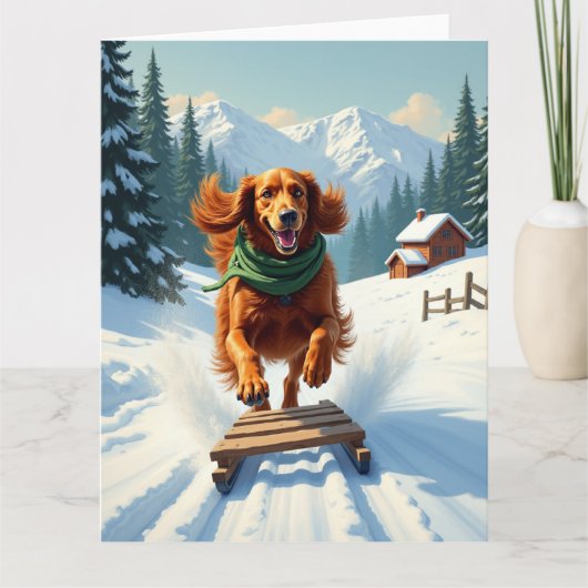 Irish Setter Sledding Adventure Christmas Painting カード (正面)
