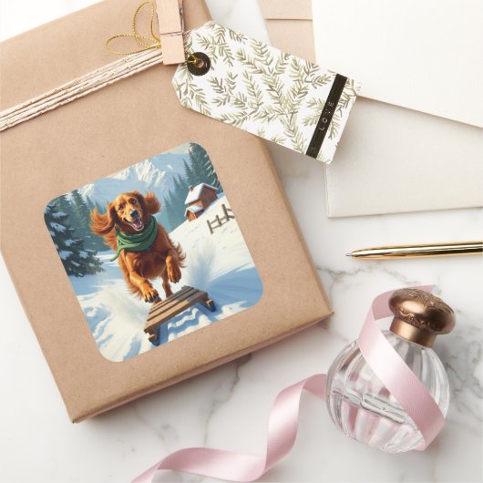Irish Setter Sledding Adventure Christmas Painting スクエアシール (ギフト)