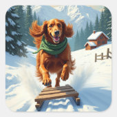 Irish Setter Sledding Adventure Christmas Painting スクエアシール (正面)