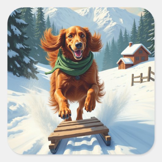 Irish Setter Sledding Adventure Christmas Painting スクエアシール (正面)