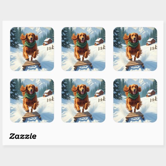 Irish Setter Sledding Adventure Christmas Painting スクエアシール (シート)